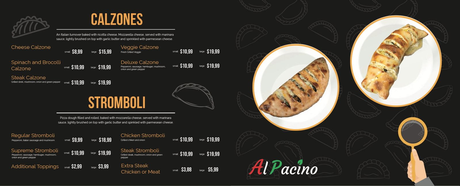 Al Pacino calzones and stromboli menu